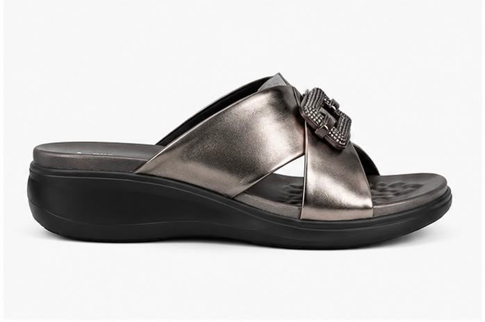 Newstep Metallic Glam gunmetal buckle wedge sandals for women